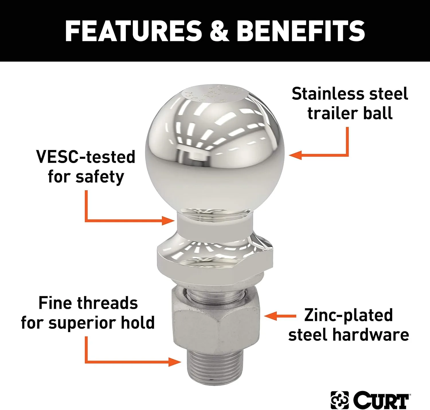 CURT 40080 Stainless Steel Trailer Hitch Ball, 2,000 lbs, 1-7/8-Inch Diameter, 3/4 x 2-1/8-Inch Shank