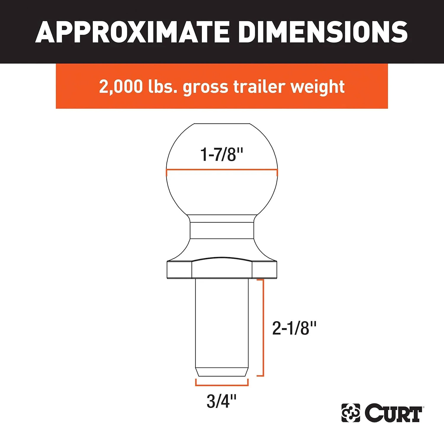 CURT 40080 Stainless Steel Trailer Hitch Ball, 2,000 lbs, 1-7/8-Inch Diameter, 3/4 x 2-1/8-Inch Shank