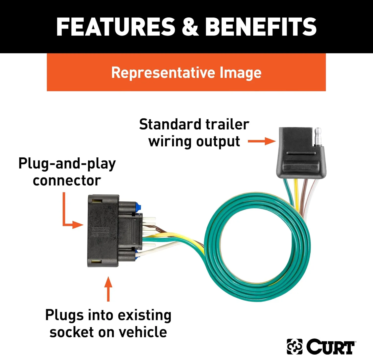 CURT 56538 Custom 4-Way Flat Trailer Wiring Harness fits 2024-2026 Acadia & Enclave and 2025-2026 Traverse Excluding Traverse Limited | Plug-and-Play Design | Includes Rubber Dust Cover