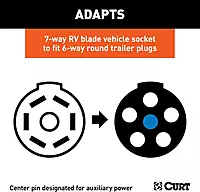 CURT 57261 7-Way RV Blade Vehicle-Side to 6-Way Round Trailer Wiring Adapter, Center Pin Auxiliary Power