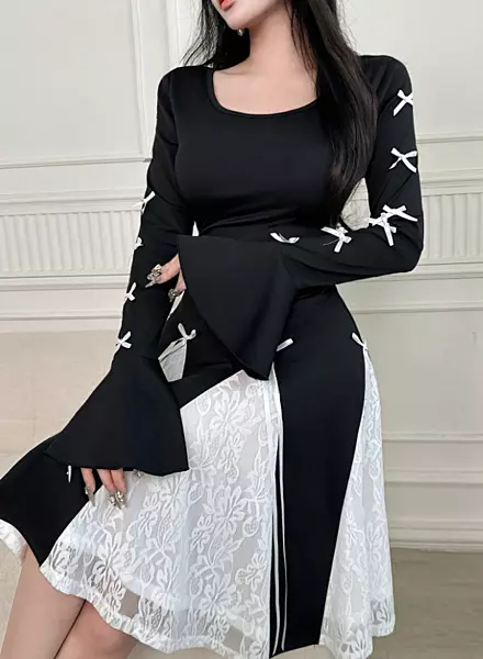 Dress Black & White Lace Casual Midi NEW