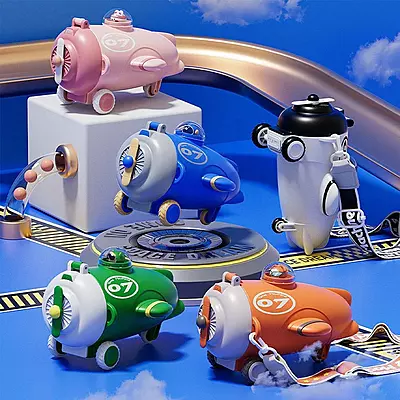 Cute Aircraft Shape Water Bottle for Kids with Portable Strap