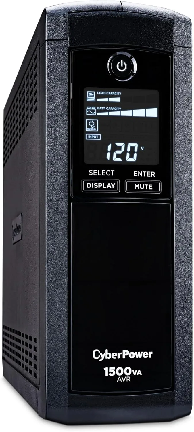 CyberPower CP1500AVRLCDTAA Intelligent LCD UPS Battery Backup and Surge Protector, 1500VA, 900W, 12 Outlets, AVR, Mini Tower, TAA Certified, UL Certified