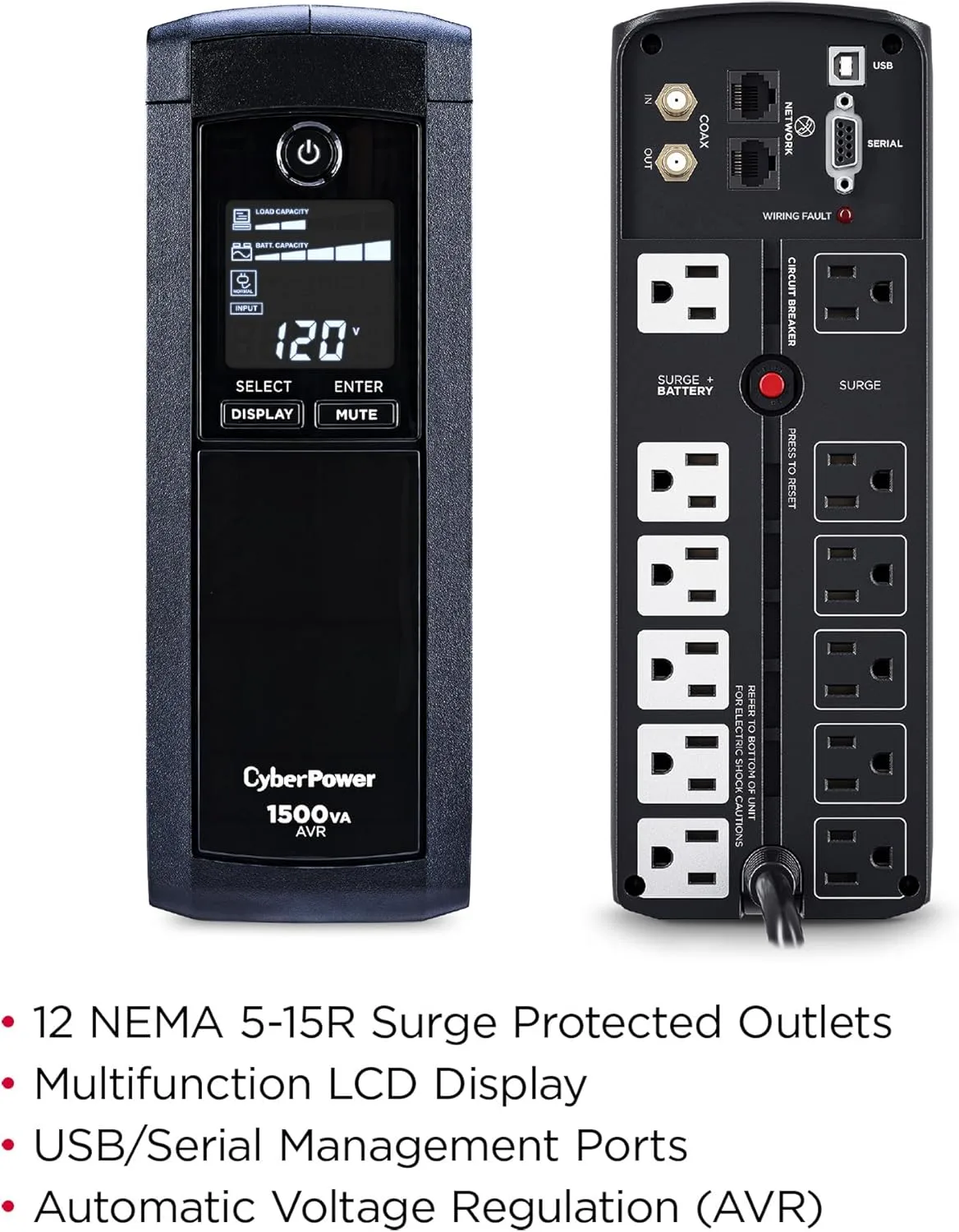 CyberPower CP1500AVRLCDTAA Intelligent LCD UPS Battery Backup and Surge Protector, 1500VA, 900W, 12 Outlets, AVR, Mini Tower, TAA Certified, UL Certified