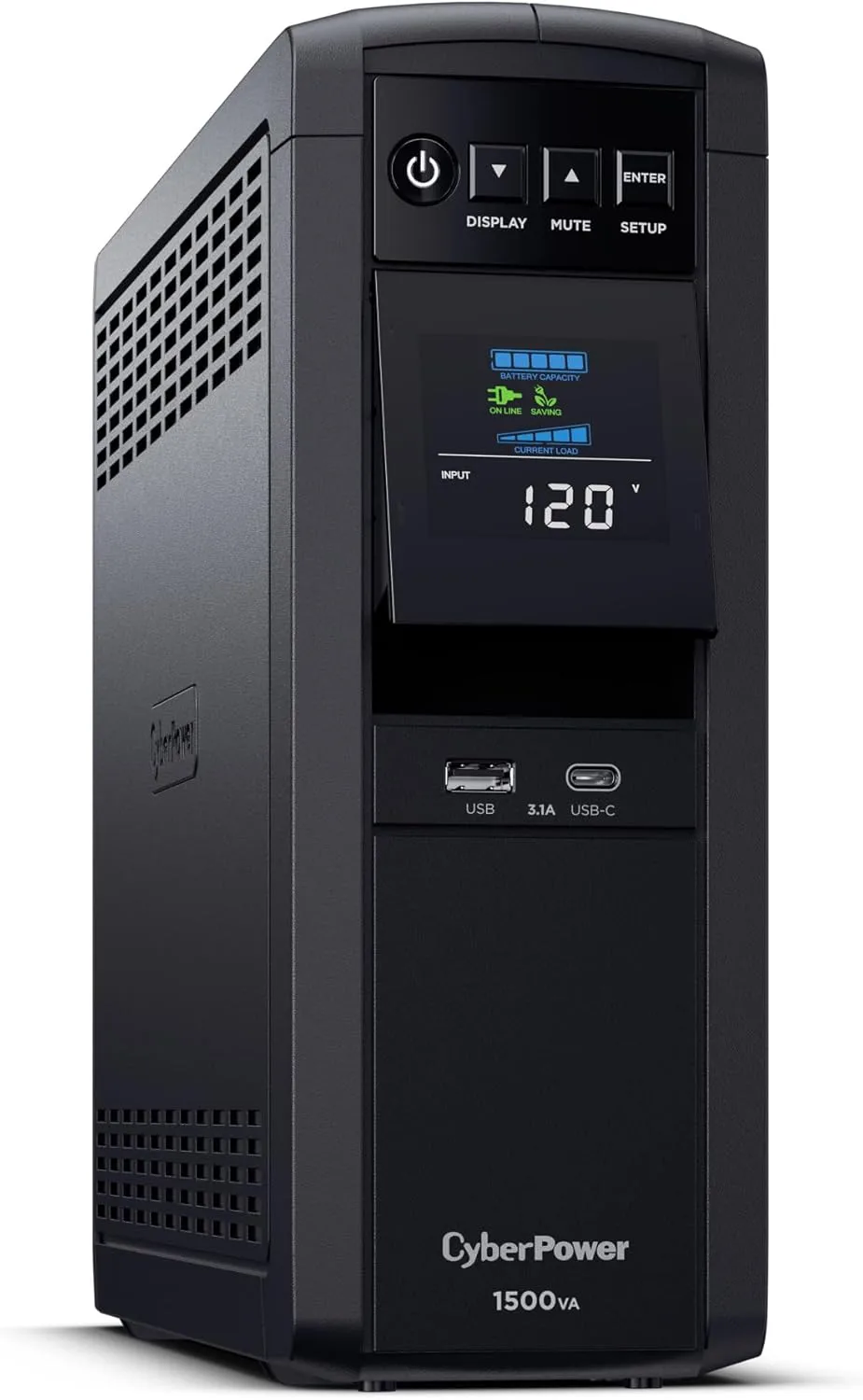 CyberPower CP1500PFCLCDTAA PFC Sinewave UPS System, 1500VA/1000W, 12 Outlets, AVR, Mini Tower, TAA Certified, Black
