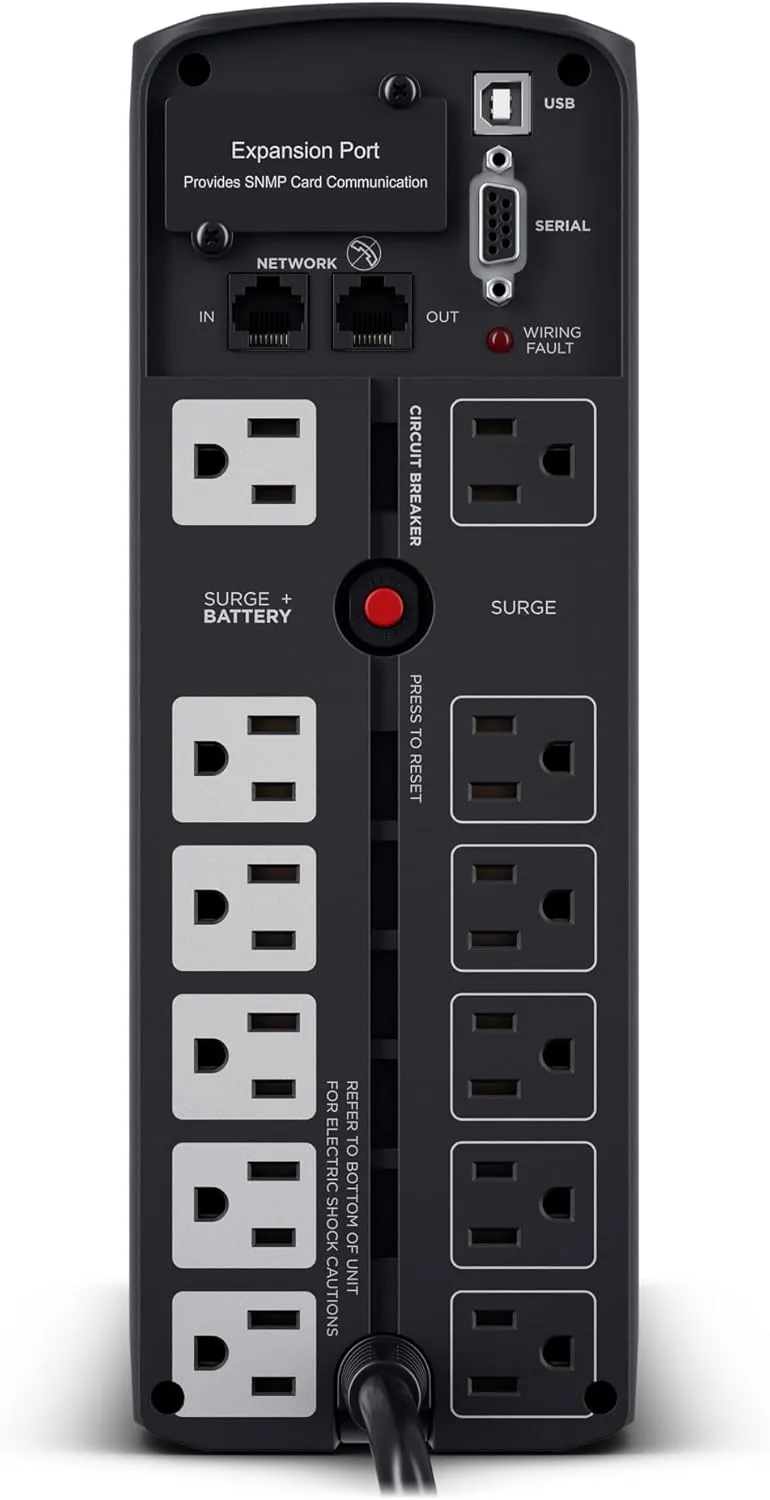 CyberPower CP1500PFCLCDTAA PFC Sinewave UPS System, 1500VA/1000W, 12 Outlets, AVR, Mini Tower, TAA Certified, Black