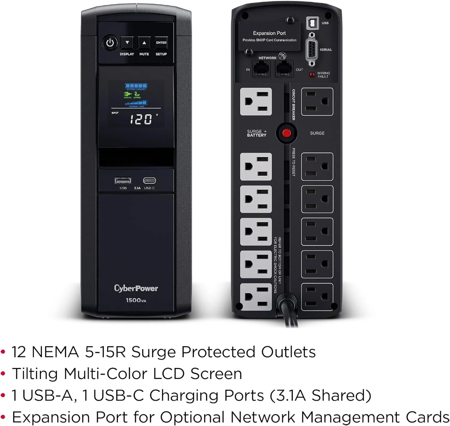 CyberPower CP1500PFCLCDTAA PFC Sinewave UPS System, 1500VA/1000W, 12 Outlets, AVR, Mini Tower, TAA Certified, Black