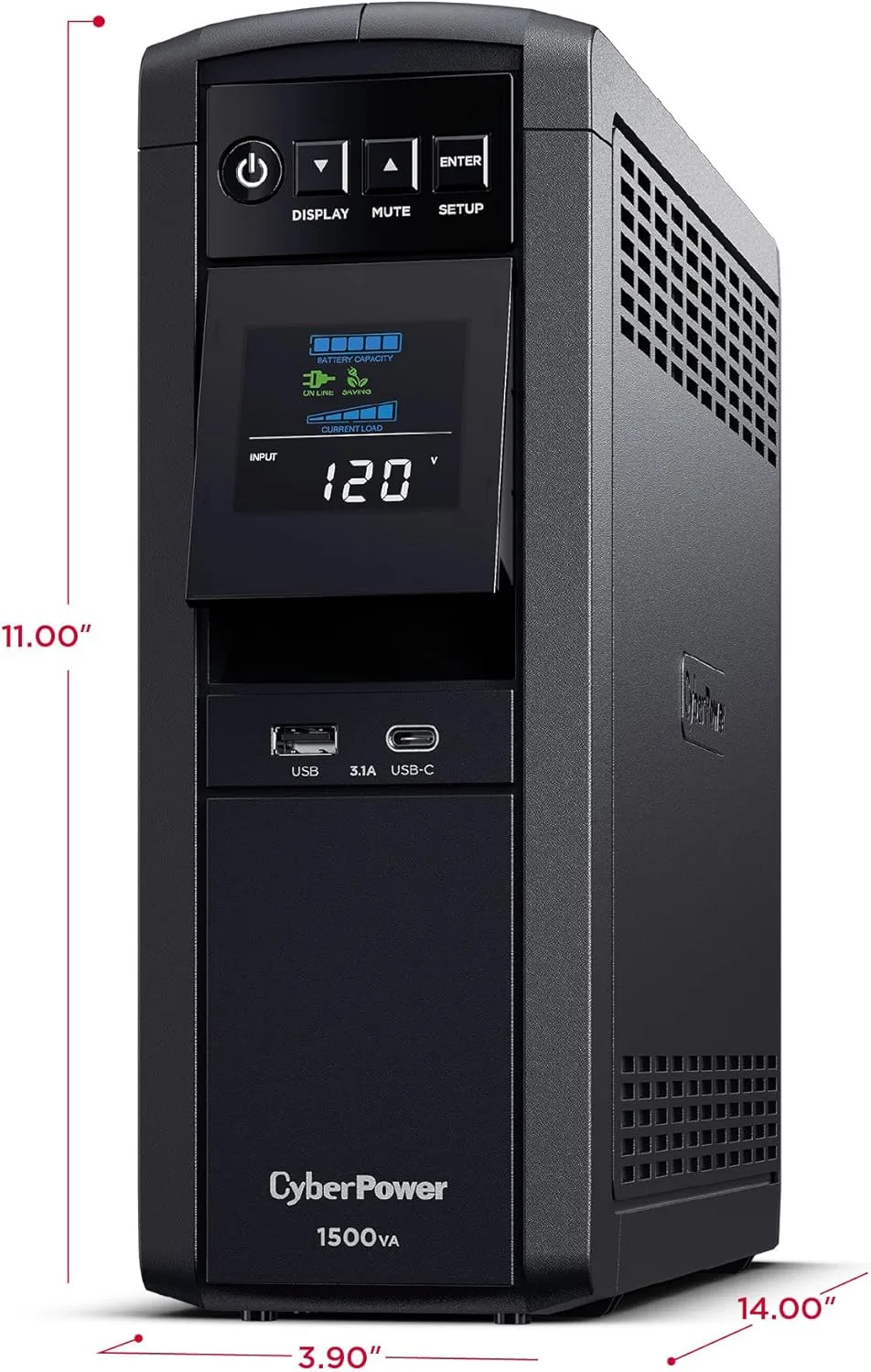 CyberPower CP1500PFCLCDTAA PFC Sinewave UPS System, 1500VA/1000W, 12 Outlets, AVR, Mini Tower, TAA Certified, Black