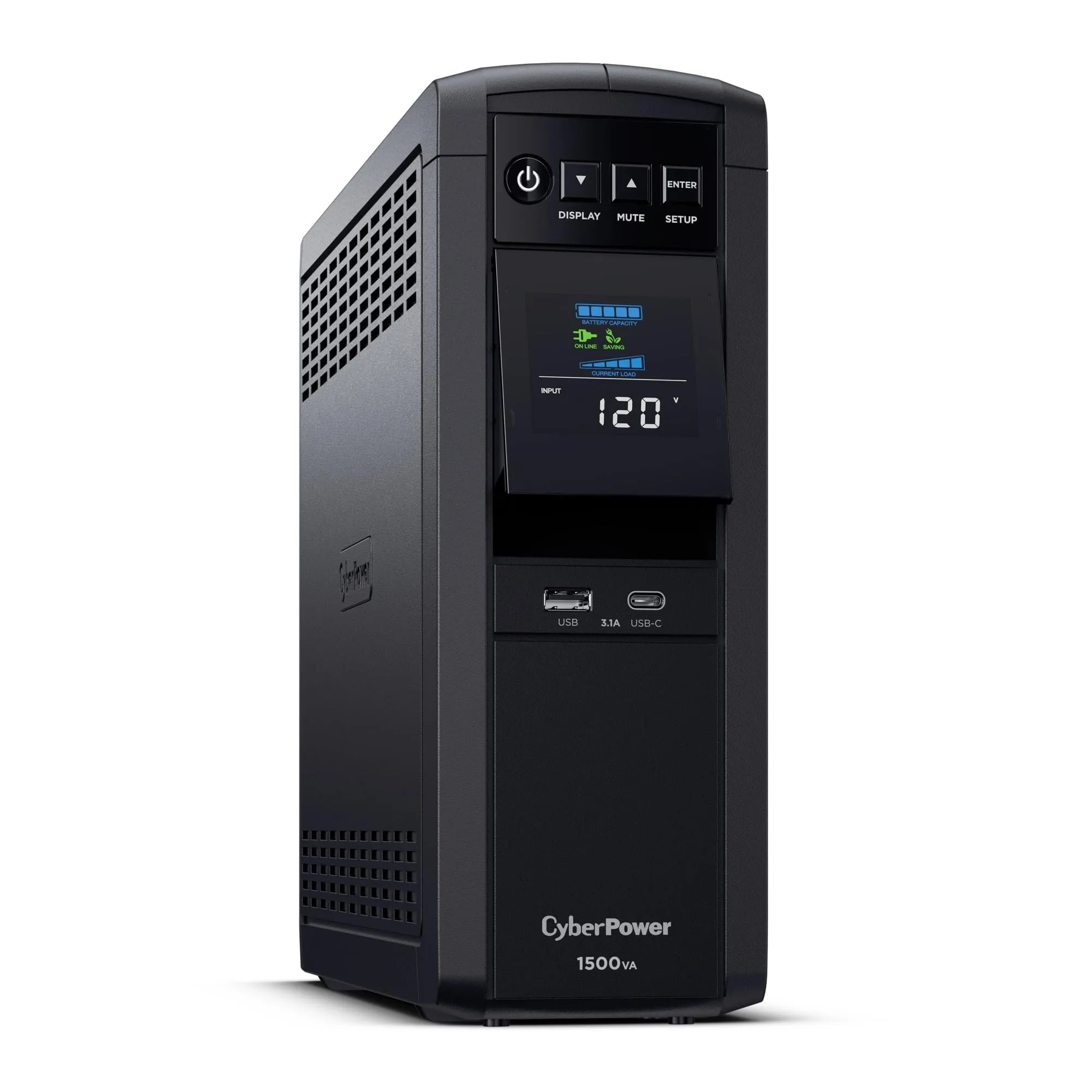 CyberPower CP1500PFCLCDTAA PFC Sinewave UPS System, 1500VA/1000W, 12 Outlets, AVR, Mini Tower, TAA Certified, Black