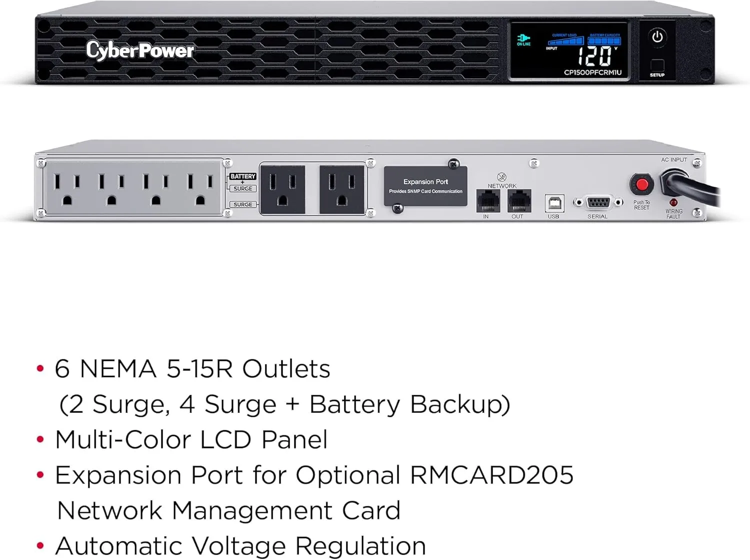 CyberPower PFC Sinewave 1U Rackmount UPS, 6 Outlets, AVR, Multifunction LCD