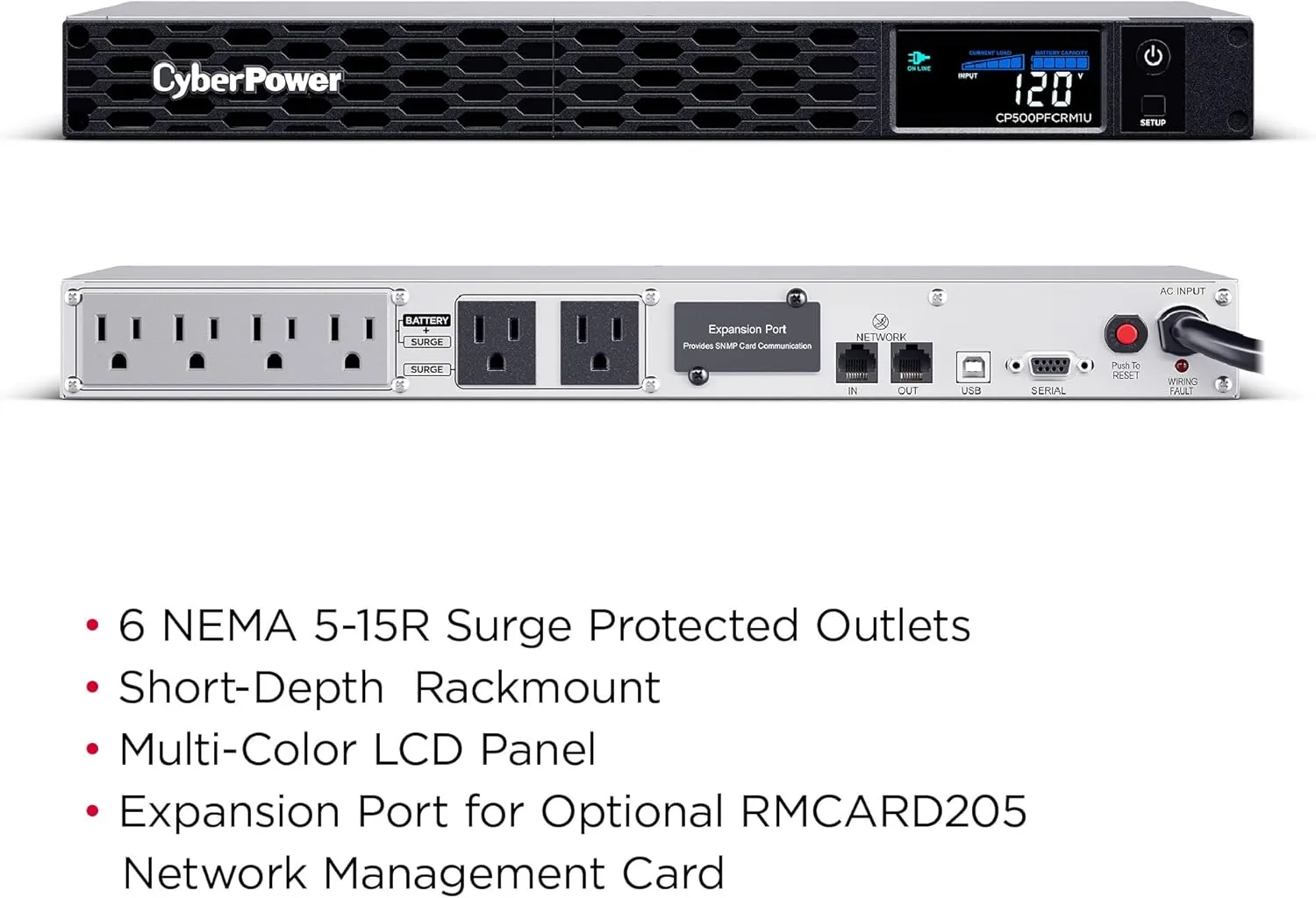 CyberPower PFC Sinewave 1U Rackmount UPS, 6 Outlets, AVR, Multifunction LCD