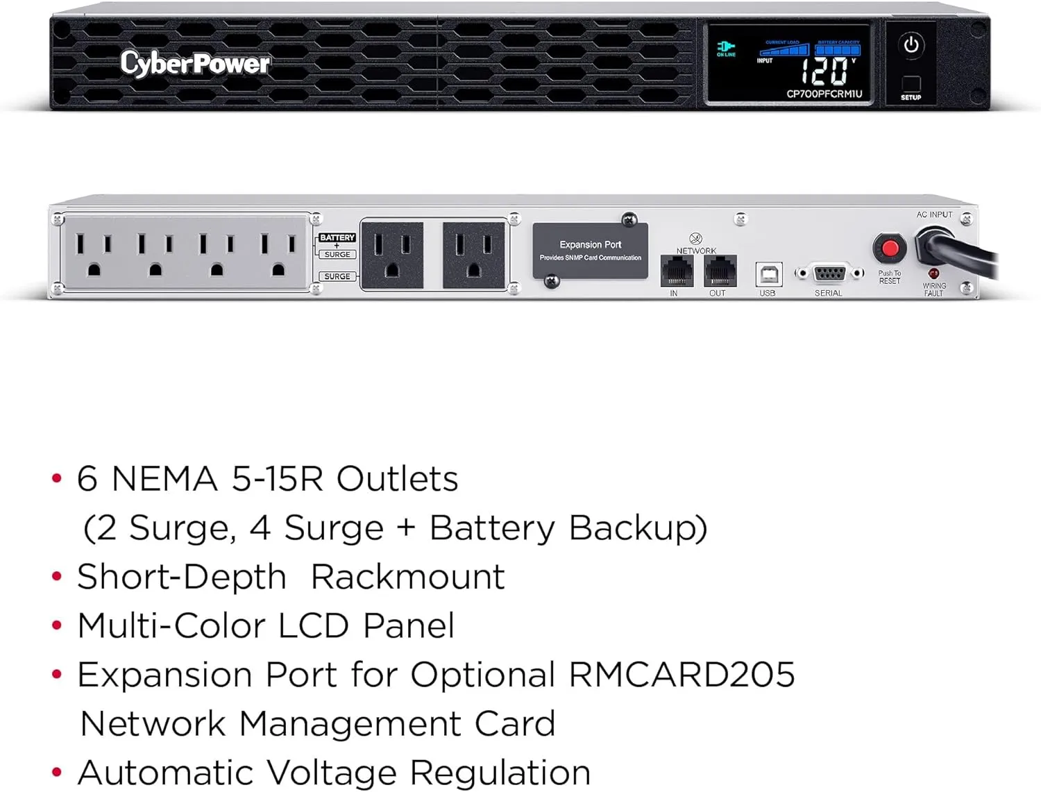 CyberPower PFC Sinewave 1U Rackmount UPS, 6 Outlets, AVR, Multifunction LCD
