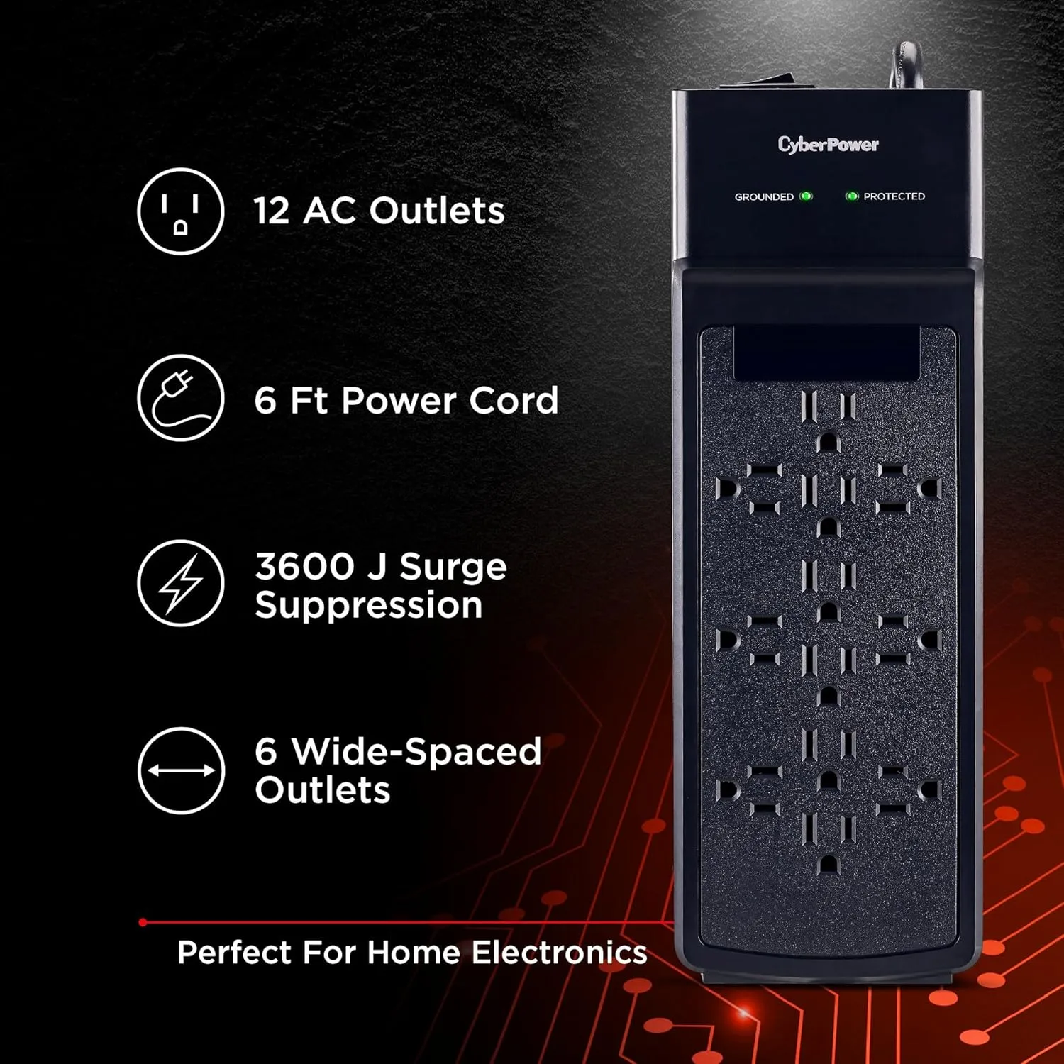 CyberPower CSB1206 Essential Surge Protector, 3600J, 12 Outlets, 6-Foot Cord, Black