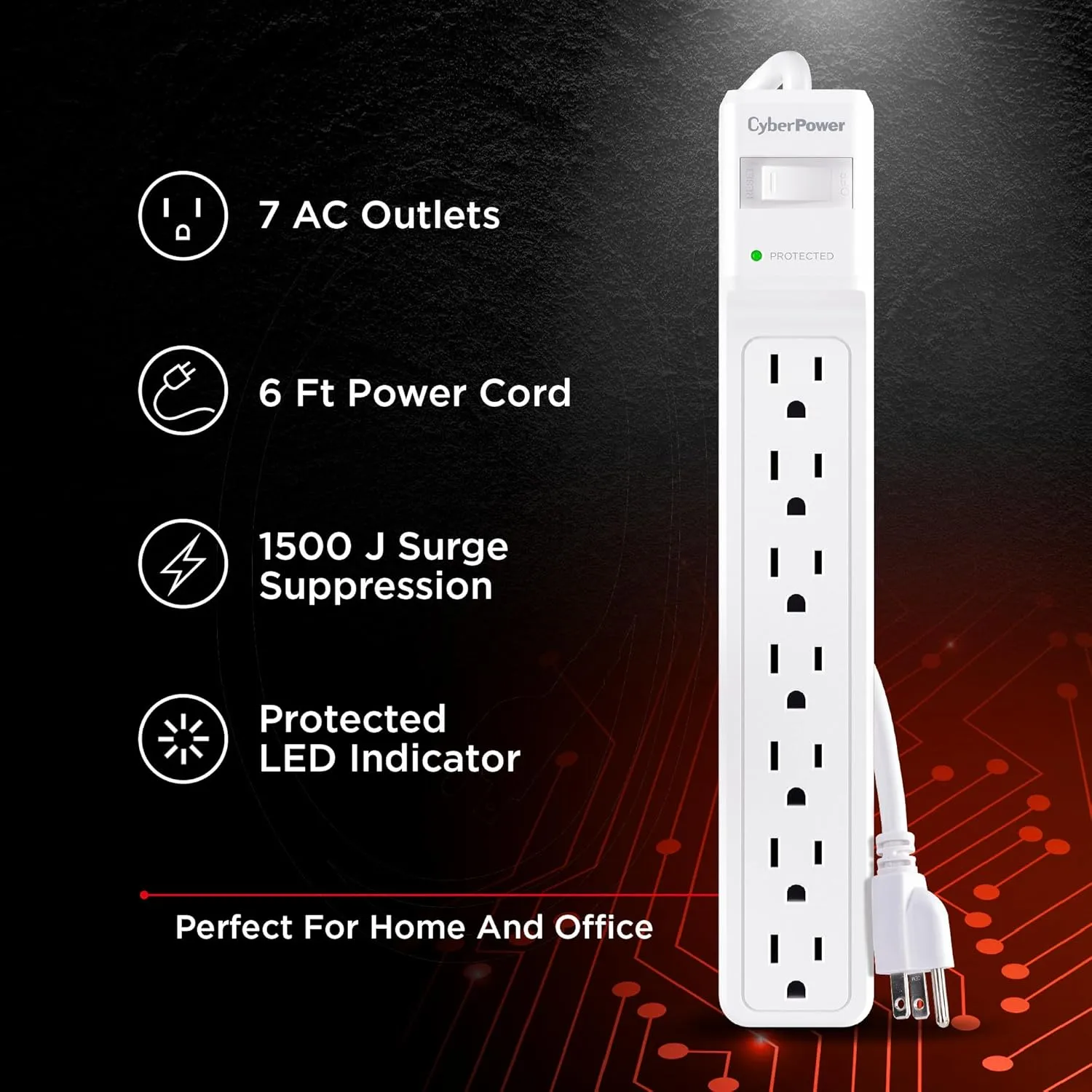 CyberPower CSB706W Essential Surge Protector, 1800J/125V, 15A, 7 Outlets, 6 Foot Power Cord, White