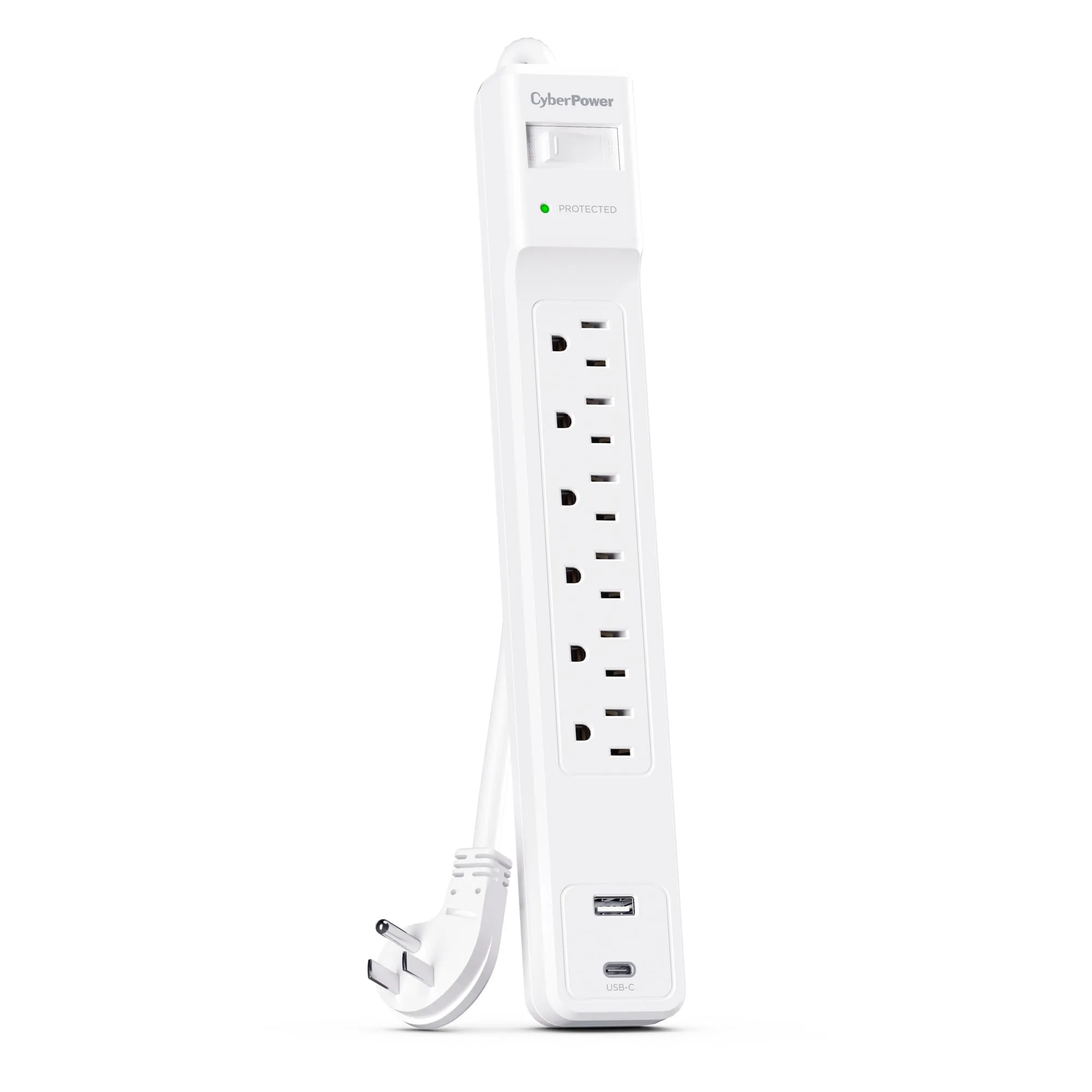 CyberPower CSP604UCW Surge Protector, 1500J, 6 Outlets, 1 USB-A, 1 USB-C, 4 Foot Power Cord, White, ETL