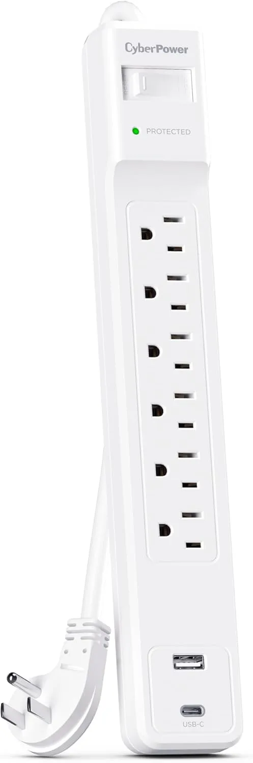 CyberPower CSP604UCW Surge Protector, 1500J, 6 Outlets, 1 USB-A, 1 USB-C, 4 Foot Power Cord, White, ETL