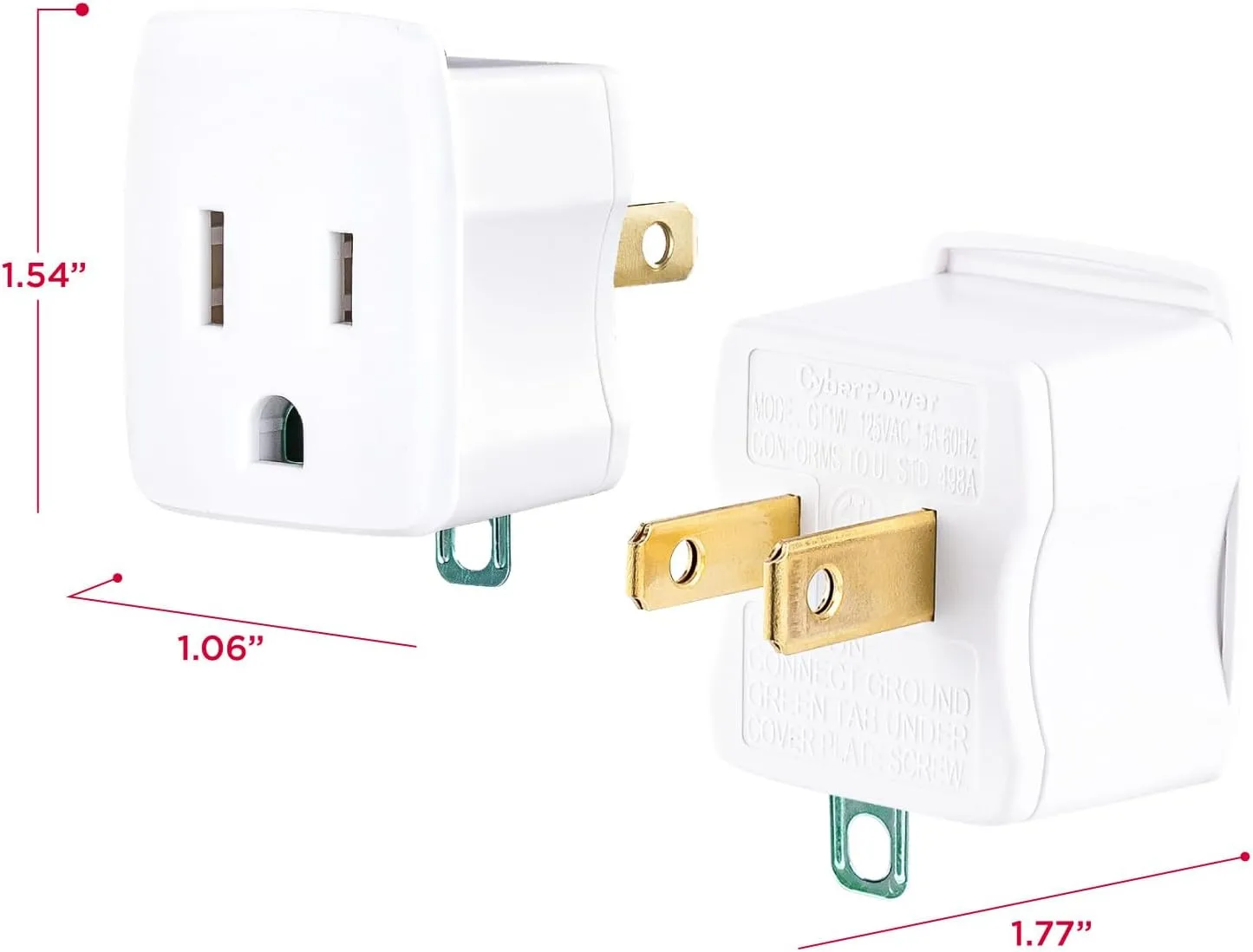 CyberPower GT1W2PK Grounding Adapter, 2-Pack, Converts 3-Prong to 2-Prong Outlets, NEMA 5-15R to NEMA 1-15P, Wall Tap Design, White