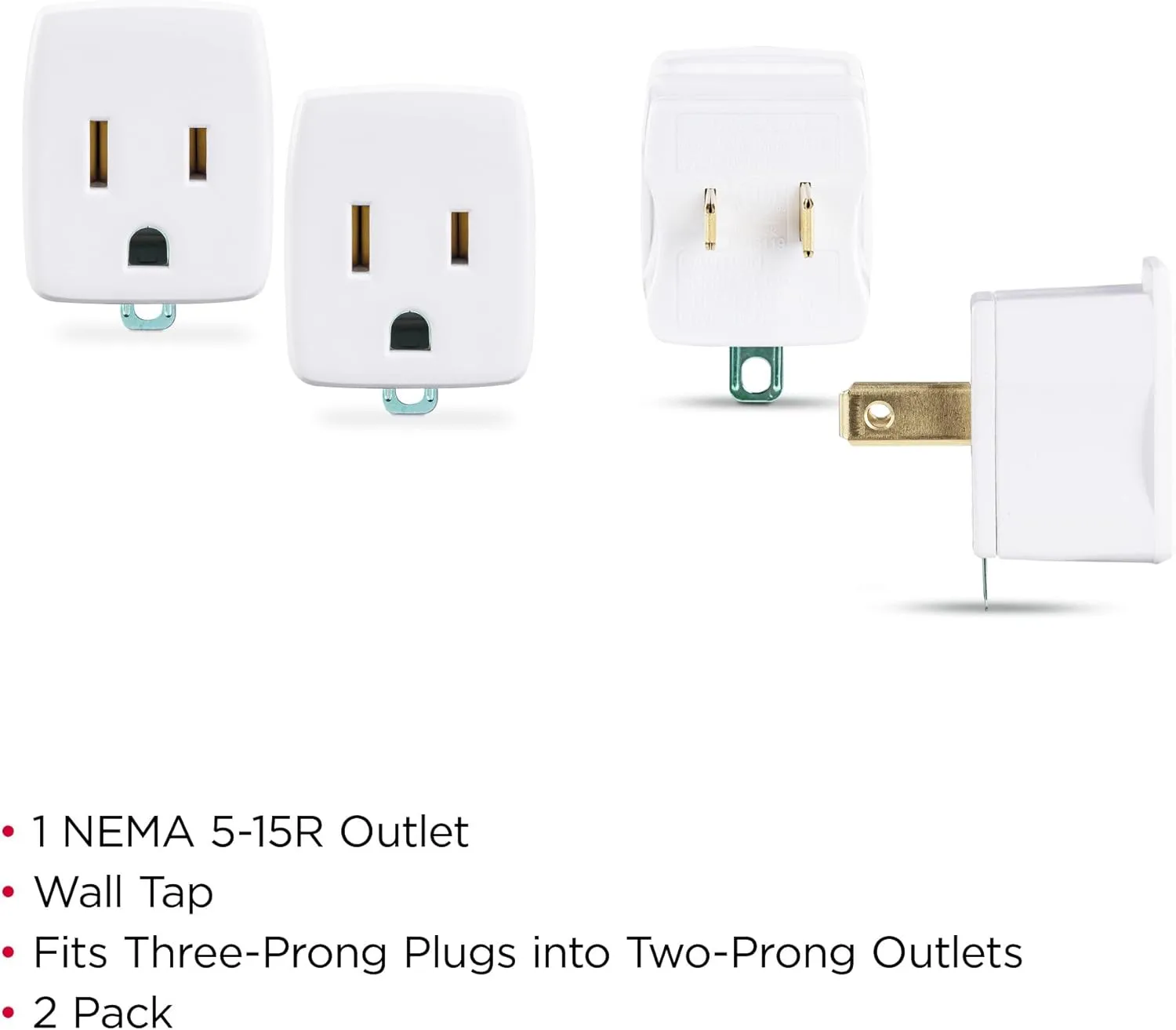 CyberPower GT1W2PK Grounding Adapter, 2-Pack, Converts 3-Prong to 2-Prong Outlets, NEMA 5-15R to NEMA 1-15P, Wall Tap Design, White
