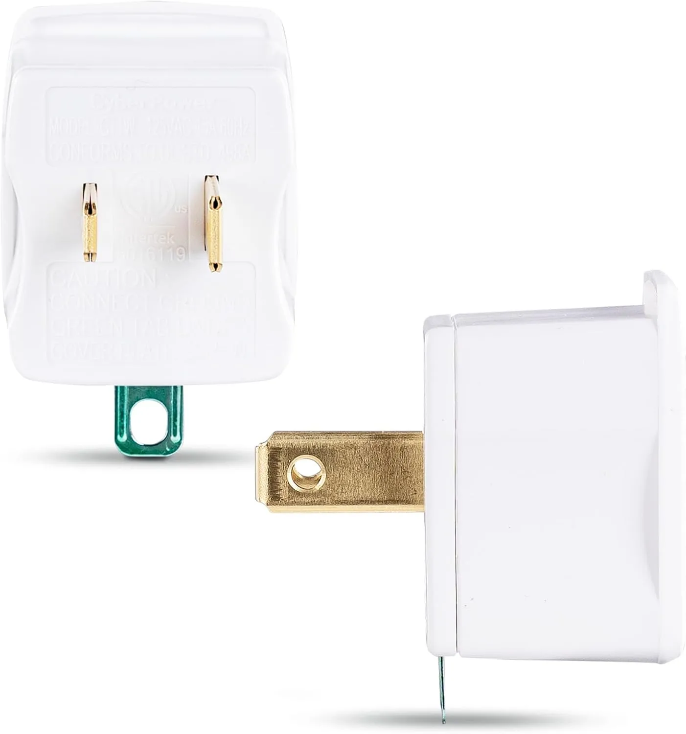 CyberPower GT1W2PK Grounding Adapter, 2-Pack, Converts 3-Prong to 2-Prong Outlets, NEMA 5-15R to NEMA 1-15P, Wall Tap Design, White