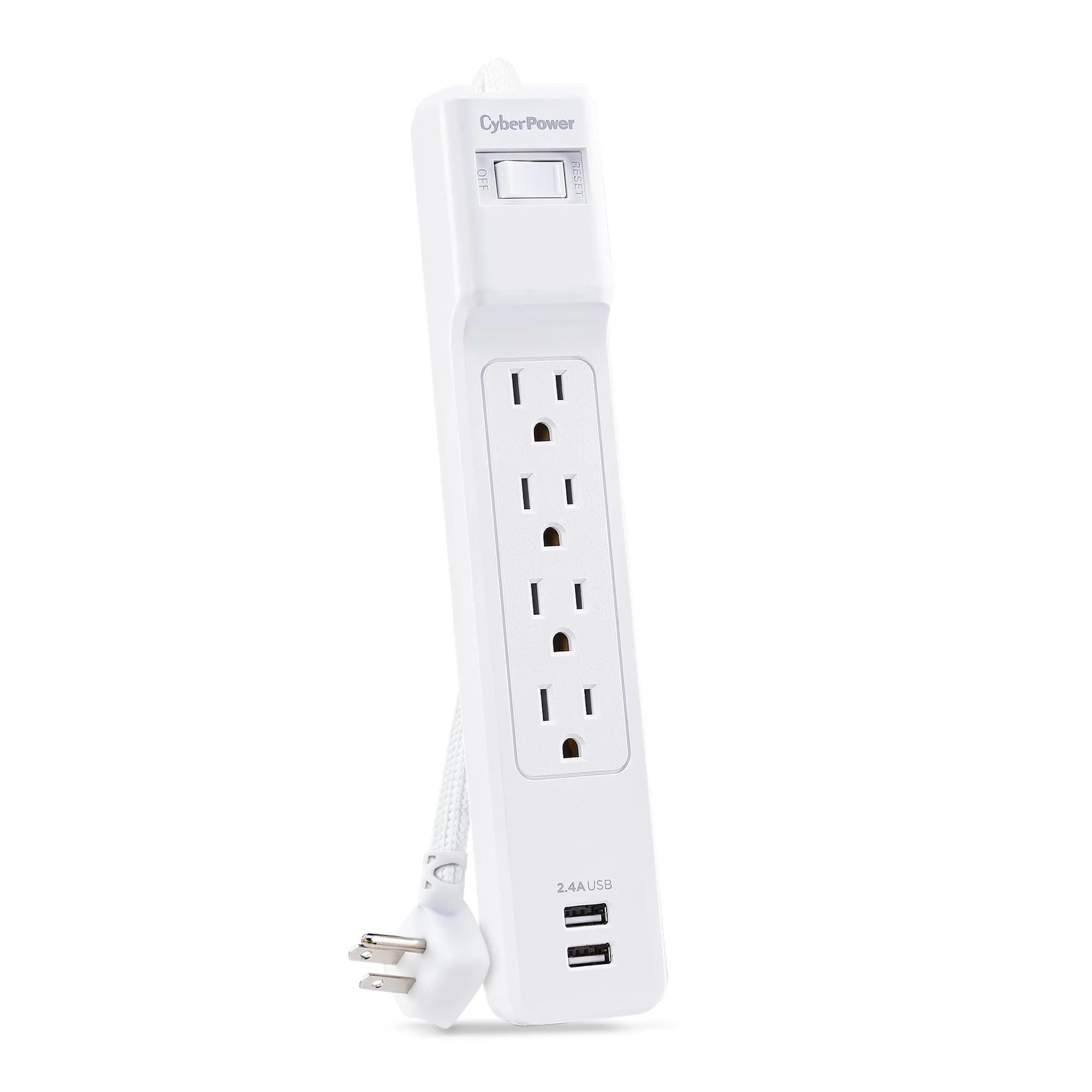 CyberPower P406U Surge Protector, 500J/125V, 15A, 4 Outlets, 2 USB-A Charging Ports, 6 Foot Cord, White, UL Listed