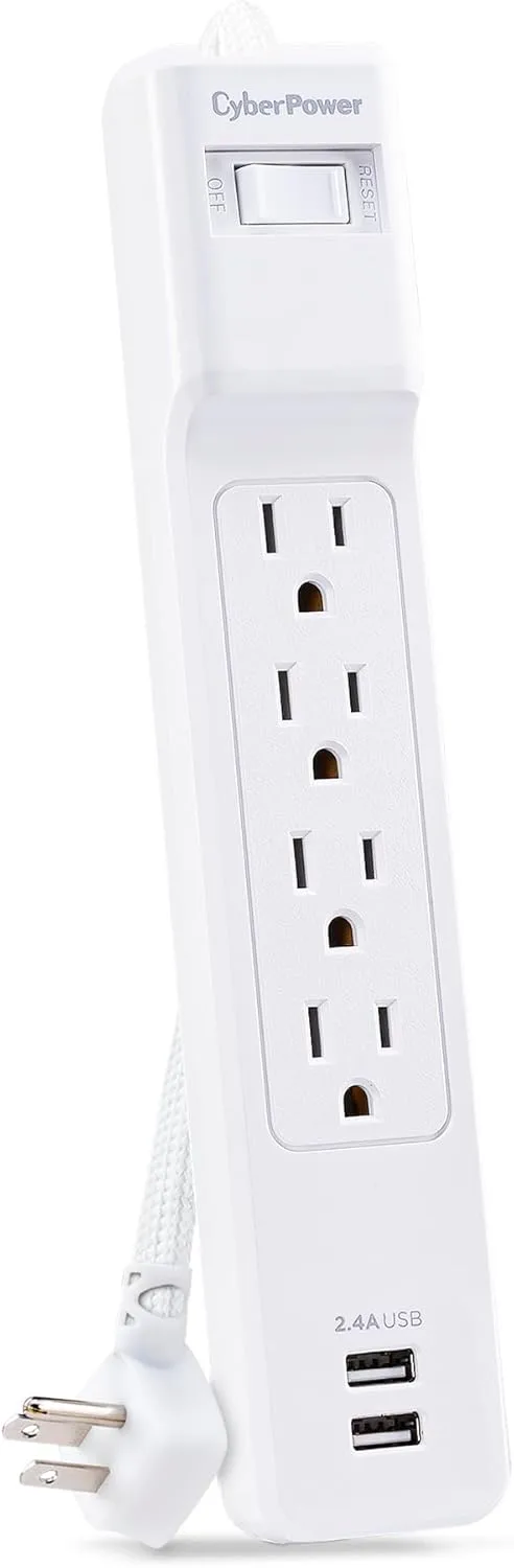 CyberPower P406U Surge Protector, 500J/125V, 15A, 4 Outlets, 2 USB-A Charging Ports, 6 Foot Cord, White, UL Listed