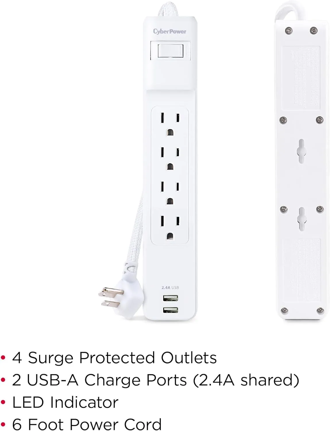 CyberPower P406U Surge Protector, 500J/125V, 15A, 4 Outlets, 2 USB-A Charging Ports, 6 Foot Cord, White, UL Listed