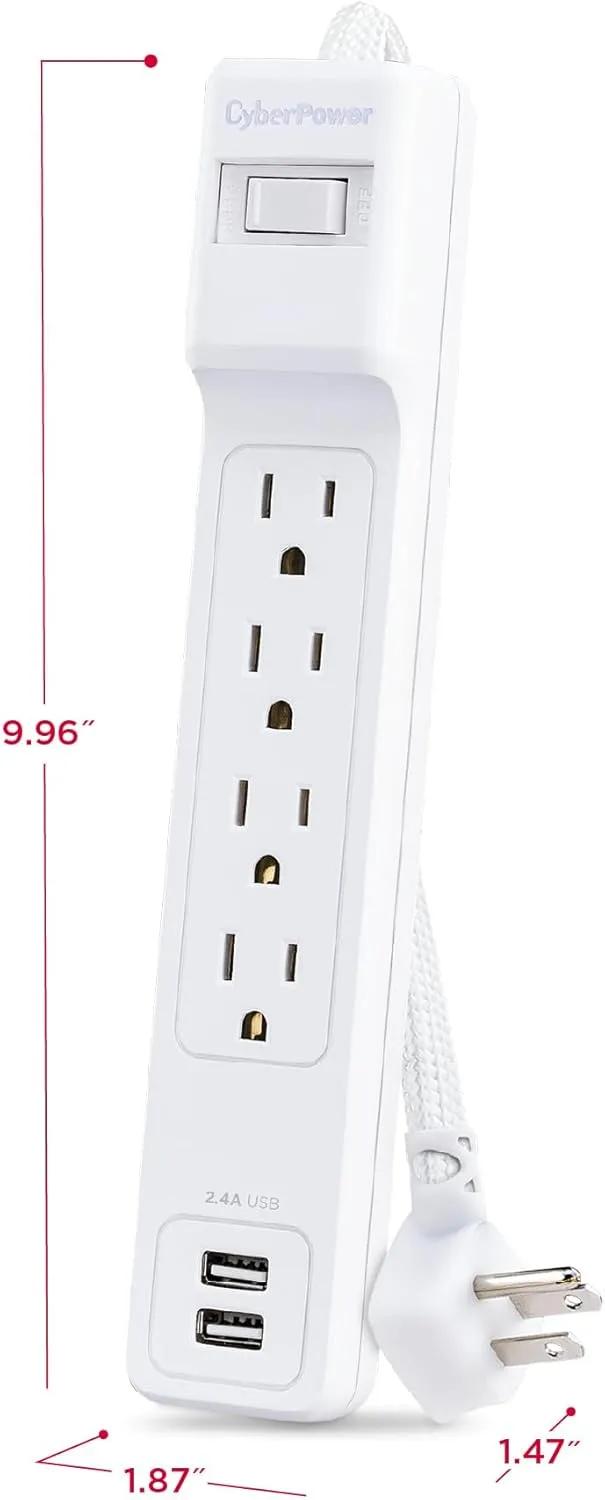 CyberPower P406U Surge Protector, 500J/125V, 15A, 4 Outlets, 2 USB-A Charging Ports, 6 Foot Cord, White, UL Listed