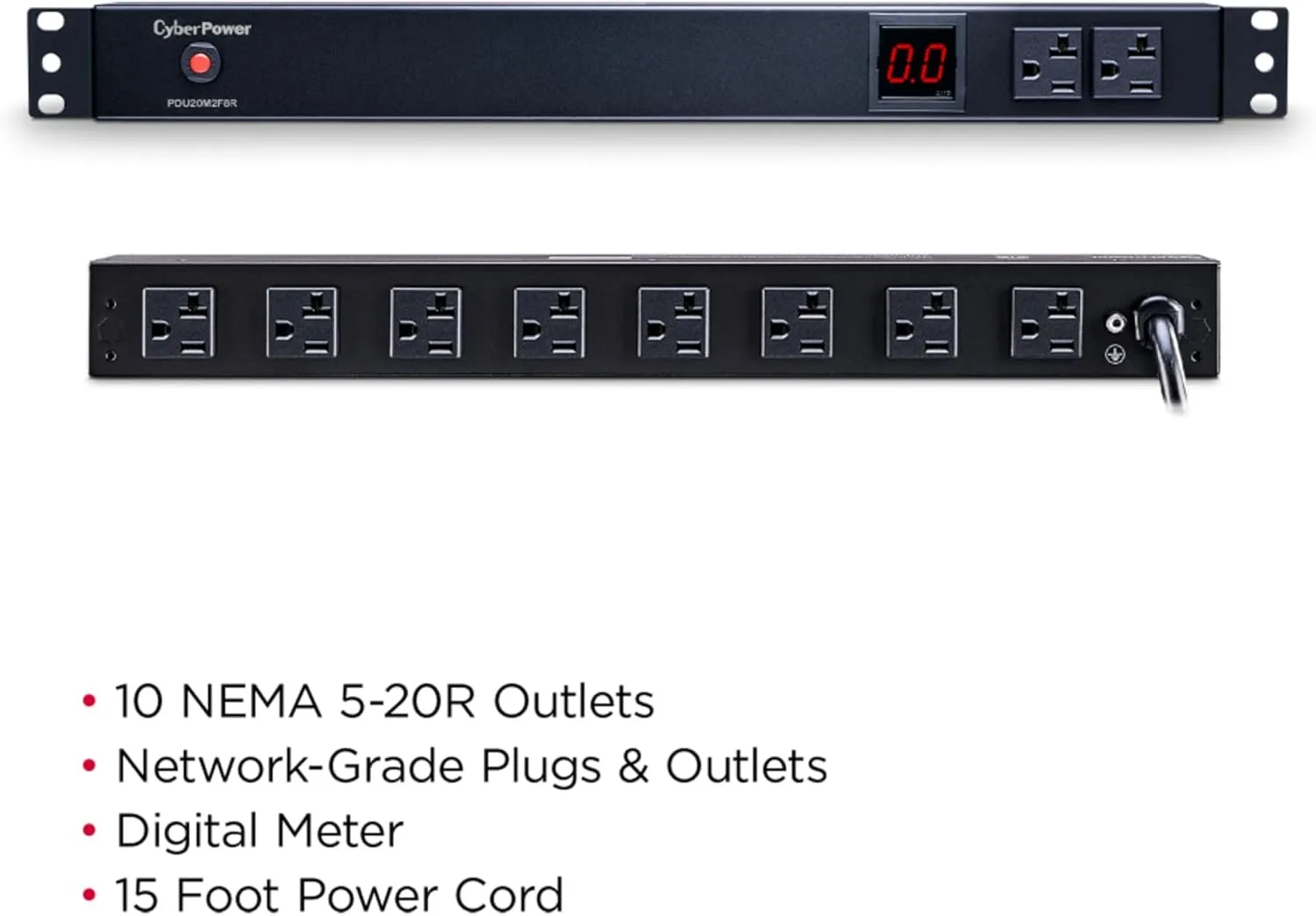 CyberPower PDU20M2F8R Metered PDU, 100-125V/20A (Derated to 16A), 10 Outlets, 1U Rackmount, 15 Foot Power Cord