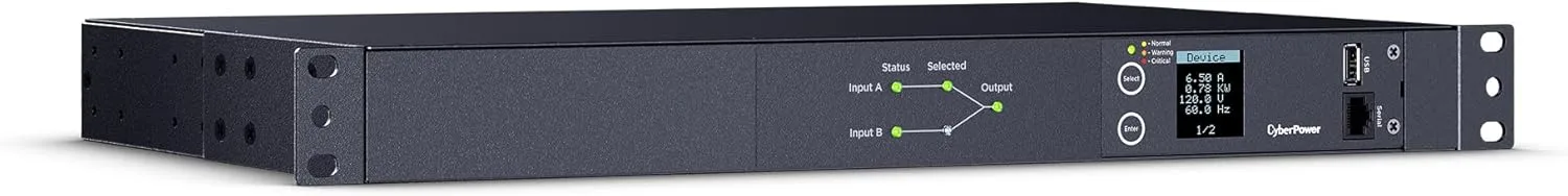 CyberPower PDU24001 Metered ATS PDU, 100-120V, 15A (Derated to 12A), 10 Outlets, 1U Rackmount