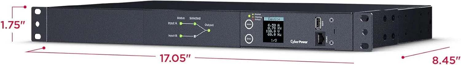 CyberPower PDU24001 Metered ATS PDU, 100-120V, 15A (Derated to 12A), 10 Outlets, 1U Rackmount