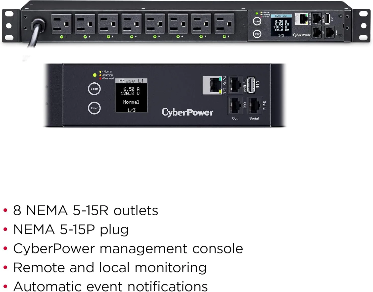 CYBERPOWER Switched PDU, 1U Rackmount, 8 Outlets, 100-120V