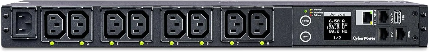 CyberPower PDU41004 Switched PDU, 100-240V/12A, (Derated to 12A UL /10A CE), 8 Outlets (C13), Input (C14) 10 ft. Cord, 1U Rackmount, 3 Year Warranty - Black
