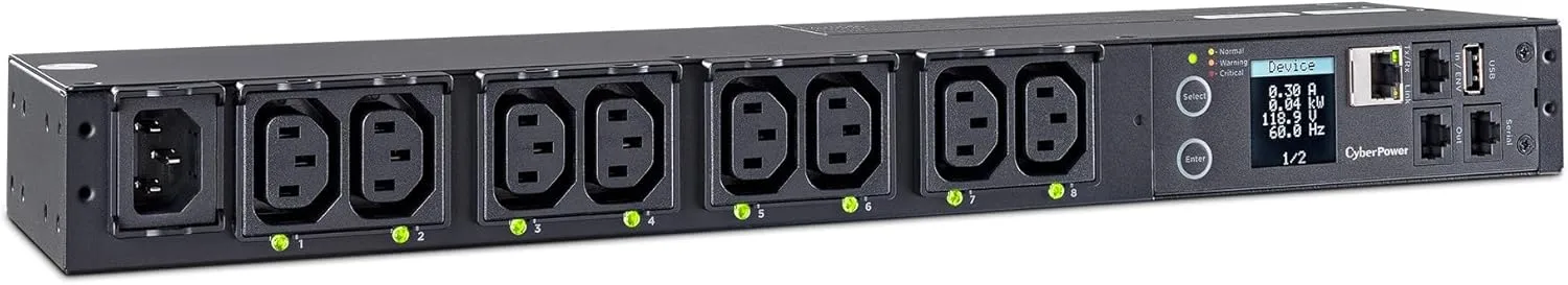 CyberPower PDU41004 Switched PDU, 100-240V/12A, (Derated to 12A UL /10A CE), 8 Outlets (C13), Input (C14) 10 ft. Cord, 1U Rackmount, 3 Year Warranty - Black