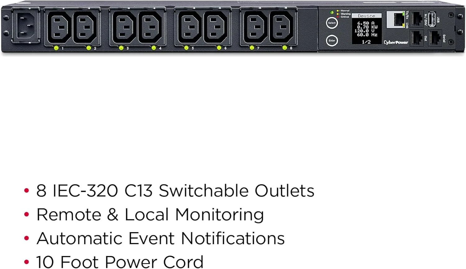 CyberPower PDU41004 Switched PDU, 100-240V/12A, (Derated to 12A UL /10A CE), 8 Outlets (C13), Input (C14) 10 ft. Cord, 1U Rackmount, 3 Year Warranty - Black