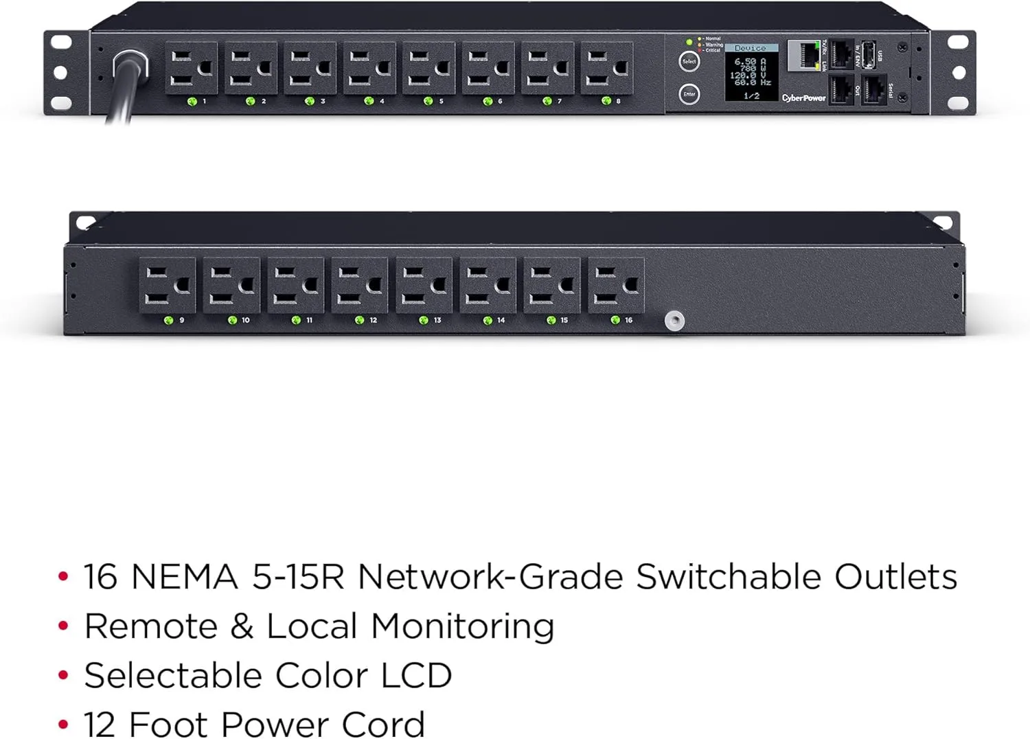 CyberPower PDU41021 Switched PDU, 100-120V, 15A (Derated to 12A), 16 Outlets, 1U Rackmount, 12 Foot Power Cord