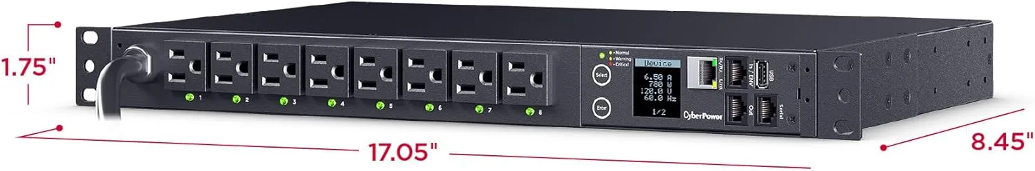 CyberPower PDU41021 Switched PDU, 100-120V, 15A (Derated to 12A), 16 Outlets, 1U Rackmount, 12 Foot Power Cord