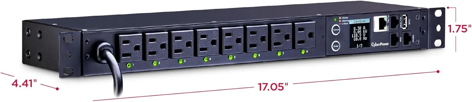 CyberPower PDU81001 Switched Metered-By-Outlet PDU, 100-120V/15A, 8 Outlets, 1U Rackmount