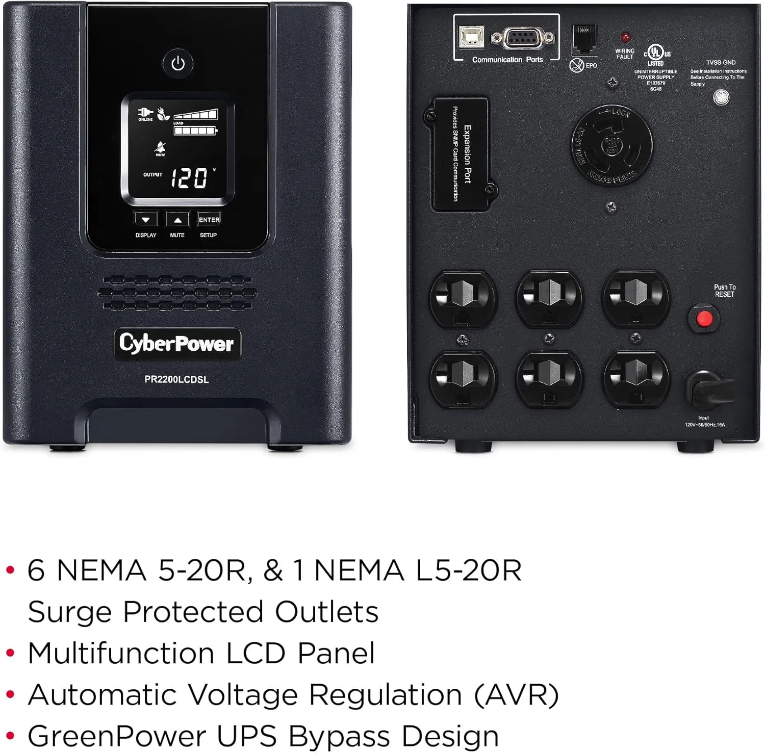 CyberPower PR2200LCDSL Smart App Sinewave UPS System, 2070VA/1980W, 7 Outlets, AVR