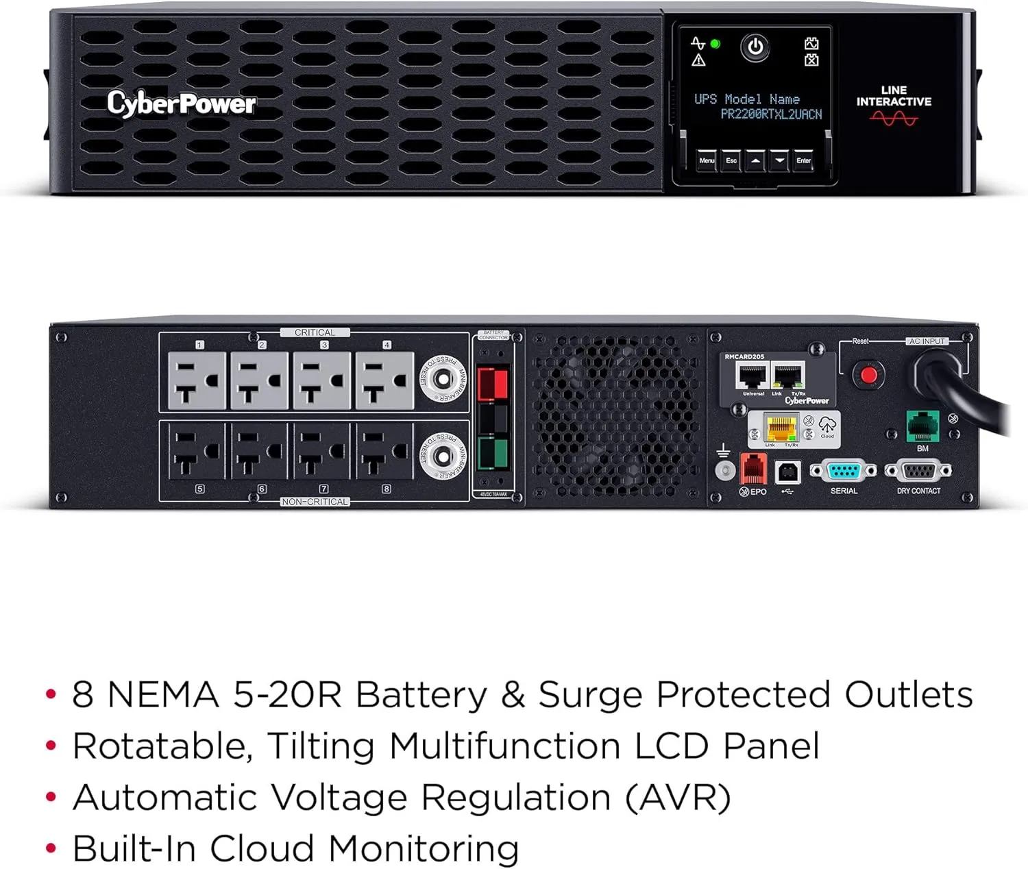 CyberPower PR2200RTXL2UACN Smart App Sinewave UPS Battery Backup and Surge Protector, 2200VA/2200W, 8 Outlets, 2U Rack/Tower, Pre-Installed RMCARD205, EBM Option, Built-in Cloud Monitoring