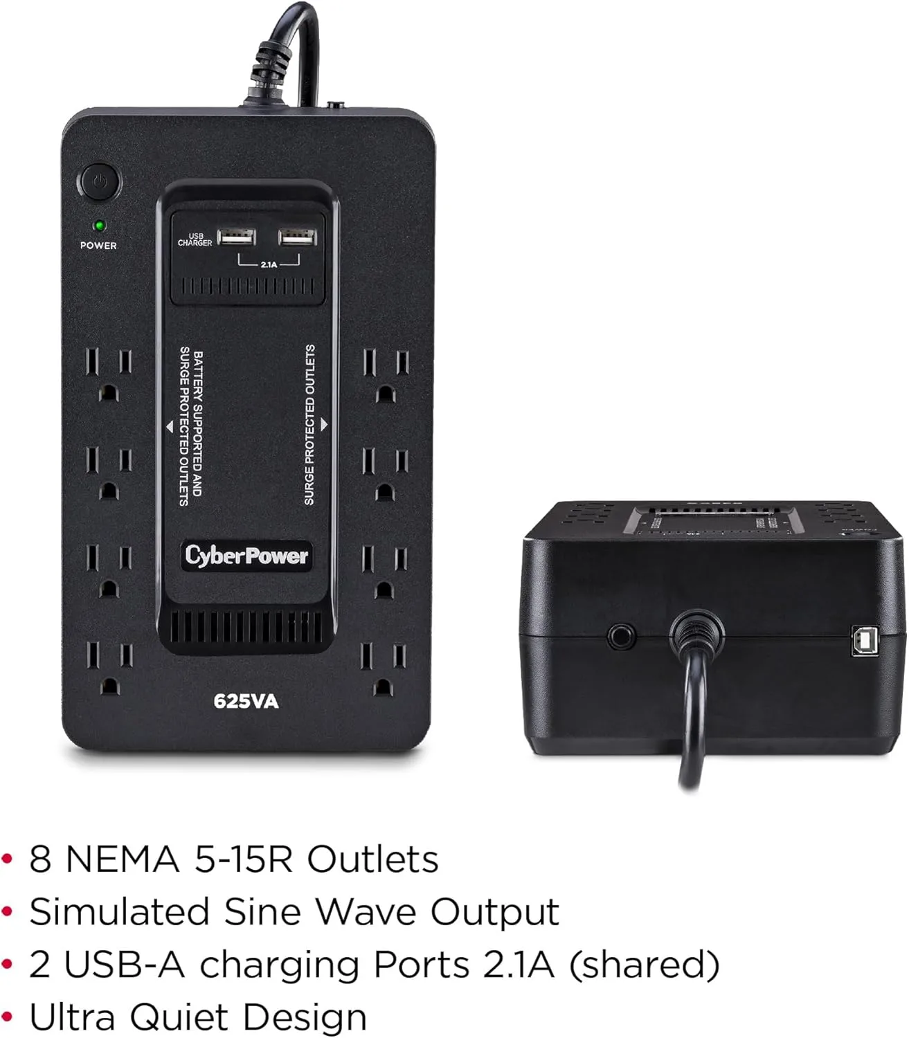 CyberPower ST625U Standby UPS System, 625VA/360W, 8 Outlets, 2 USB Charging Ports, Compact, Black