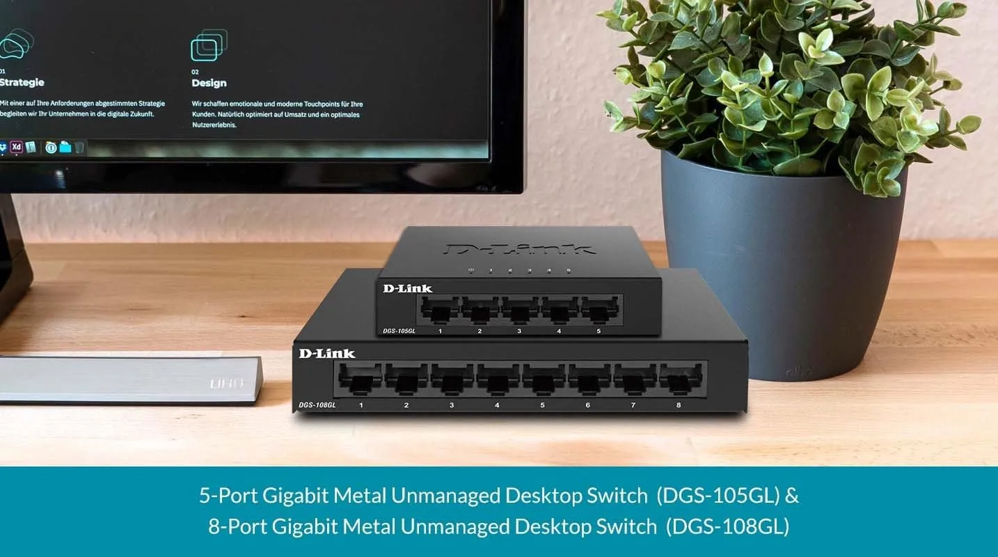 D-Link Ethernet Switch, 8 Port Gigabit Unmanaged Desktop Plug and Play Sturdy Metal Housing Fanless Design EEE Brown Box (DGS-108GL) Compact 8-Port Gigabit Switch