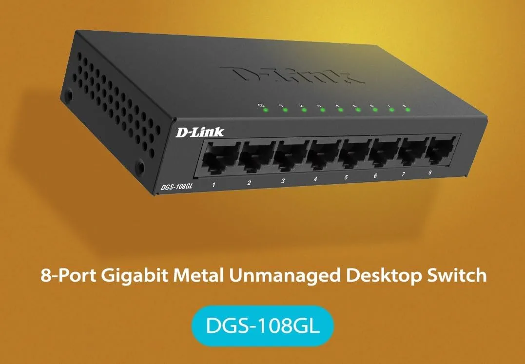 D-Link Ethernet Switch, 8 Port Gigabit Unmanaged Desktop Plug and Play Sturdy Metal Housing Fanless Design EEE Brown Box (DGS-108GL) Compact 8-Port Gigabit Switch