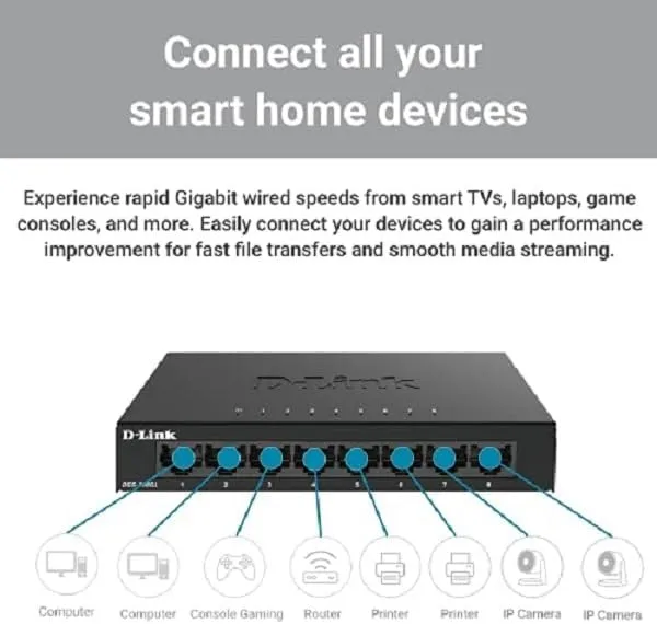 D-Link Ethernet Switch, 8 Port Gigabit Unmanaged Desktop Plug and Play Sturdy Metal Housing Fanless Design EEE Brown Box (DGS-108GL) Compact 8-Port Gigabit Switch