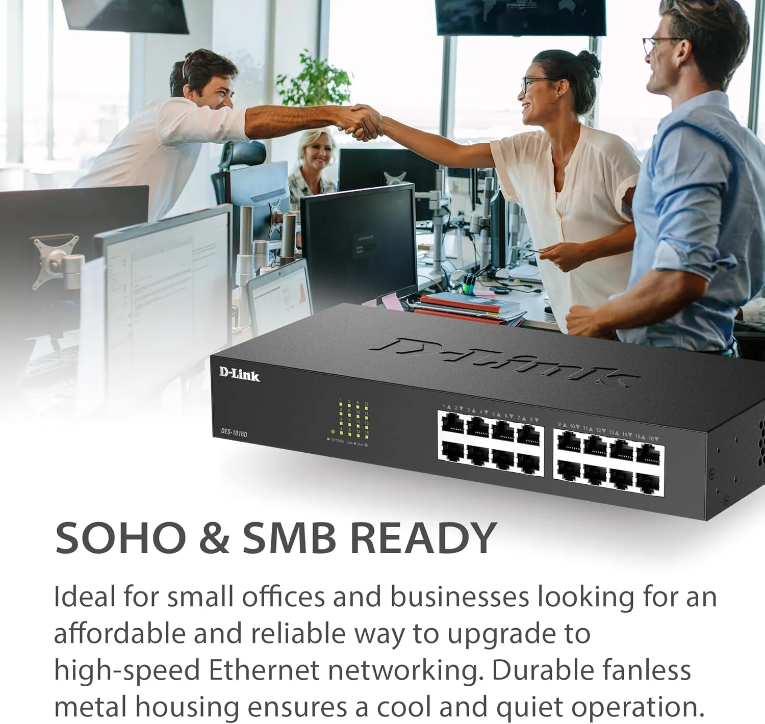 D-Link 16 Port Fast Ethernet Switch Unmanaged 10/100 Mbps Desktop Rackmount Plug and Play Metal Housing Fanless Design EEE