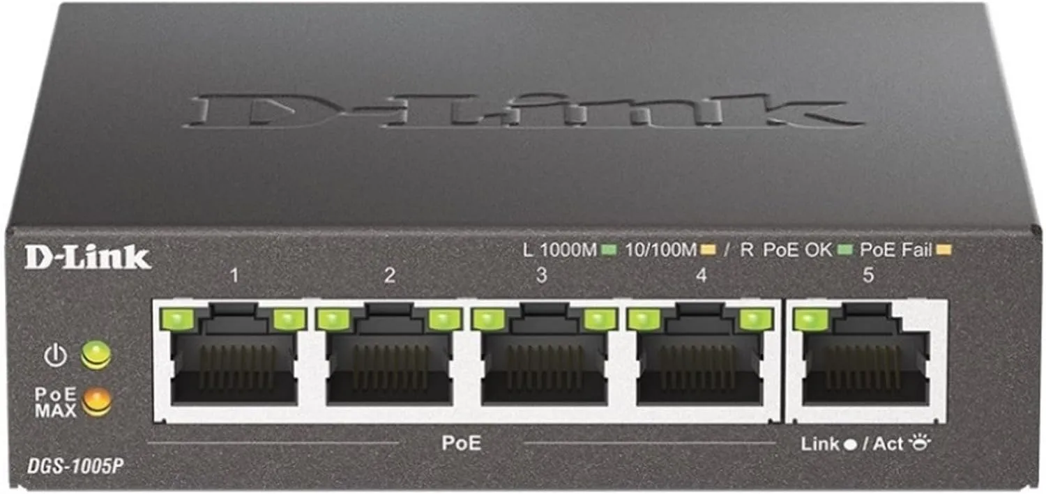 D-Link 5-Port Gigabit PoE+ Unmanaged/Plug and Play (60W Total PoE Budget 4xPort) Metal Compact Desktop Switch - (DGS-1005P)