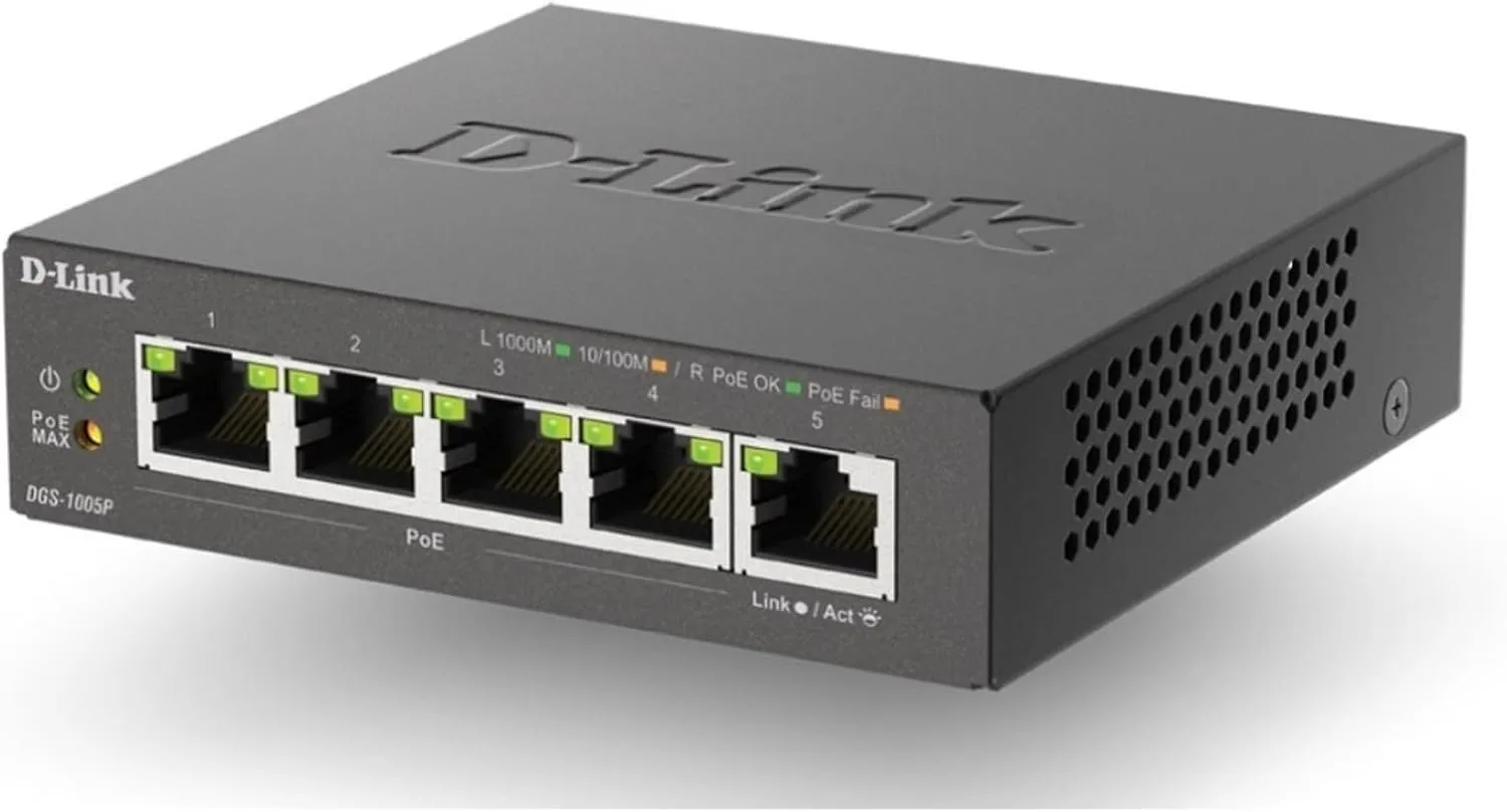 D-Link 5-Port Gigabit PoE+ Unmanaged/Plug and Play (60W Total PoE Budget 4xPort) Metal Compact Desktop Switch - (DGS-1005P)