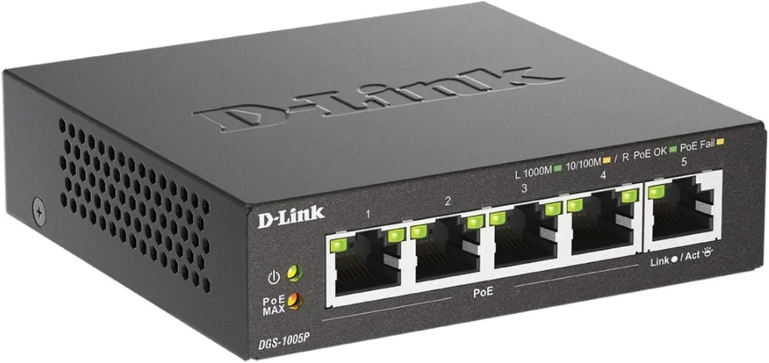 D-Link 5-Port Gigabit PoE+ Unmanaged/Plug and Play (60W Total PoE Budget 4xPort) Metal Compact Desktop Switch - (DGS-1005P)