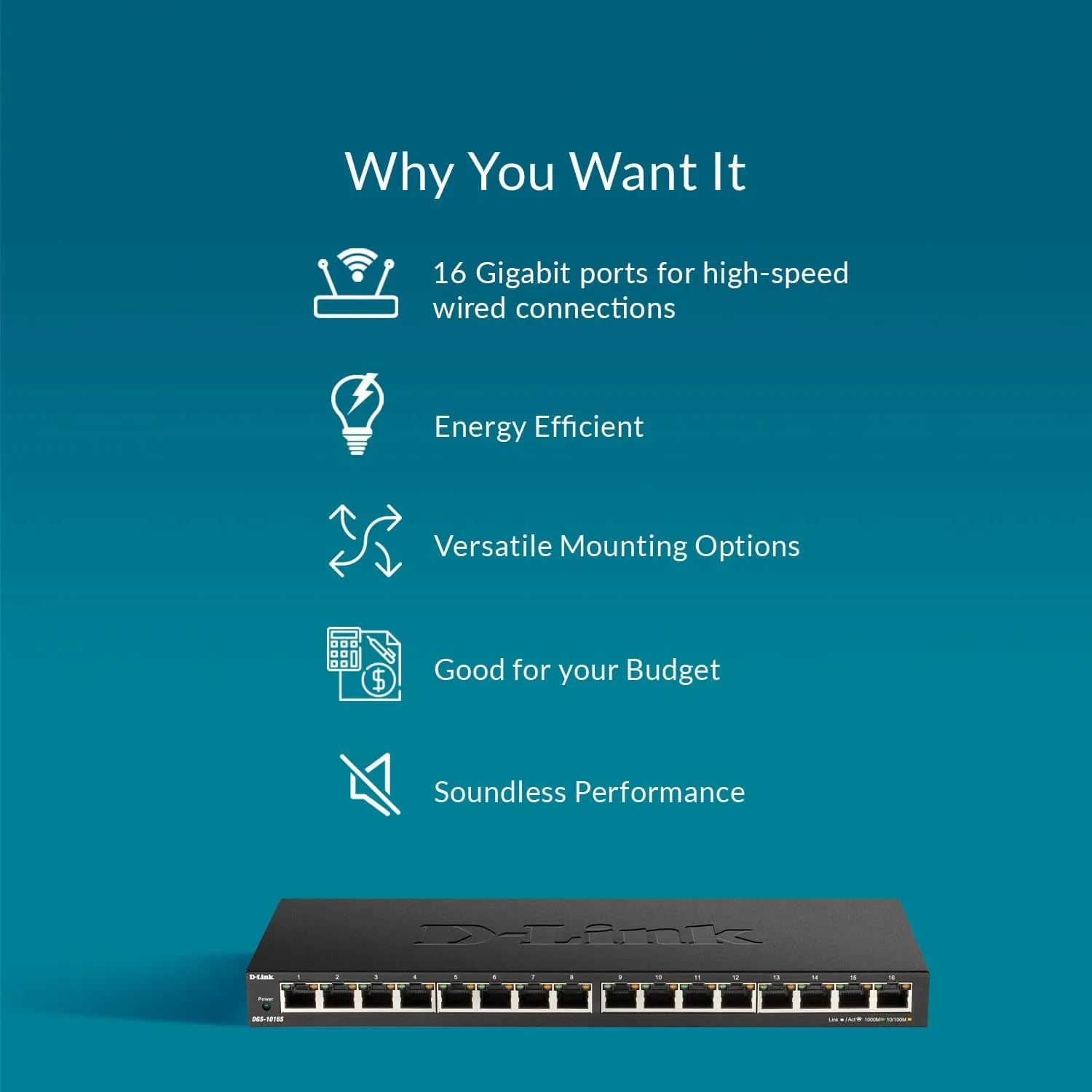 D-Link Ethernet Switch, 16 Port Gigabit Slim Switch Plug and Play, Unmanaged, Metal Housing, Quiet Fanless Design