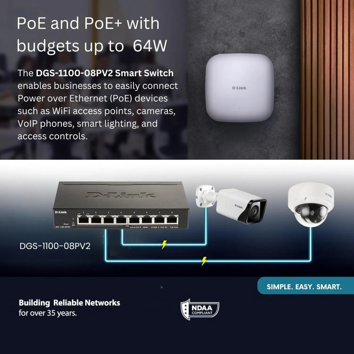 D-Link 8-Port Gigabit Smart Managed PoE+ Switch | 8 PoE+ Ports (64W) |L2| VLANs| Cable Diagnostics | Web Managed | Desktop