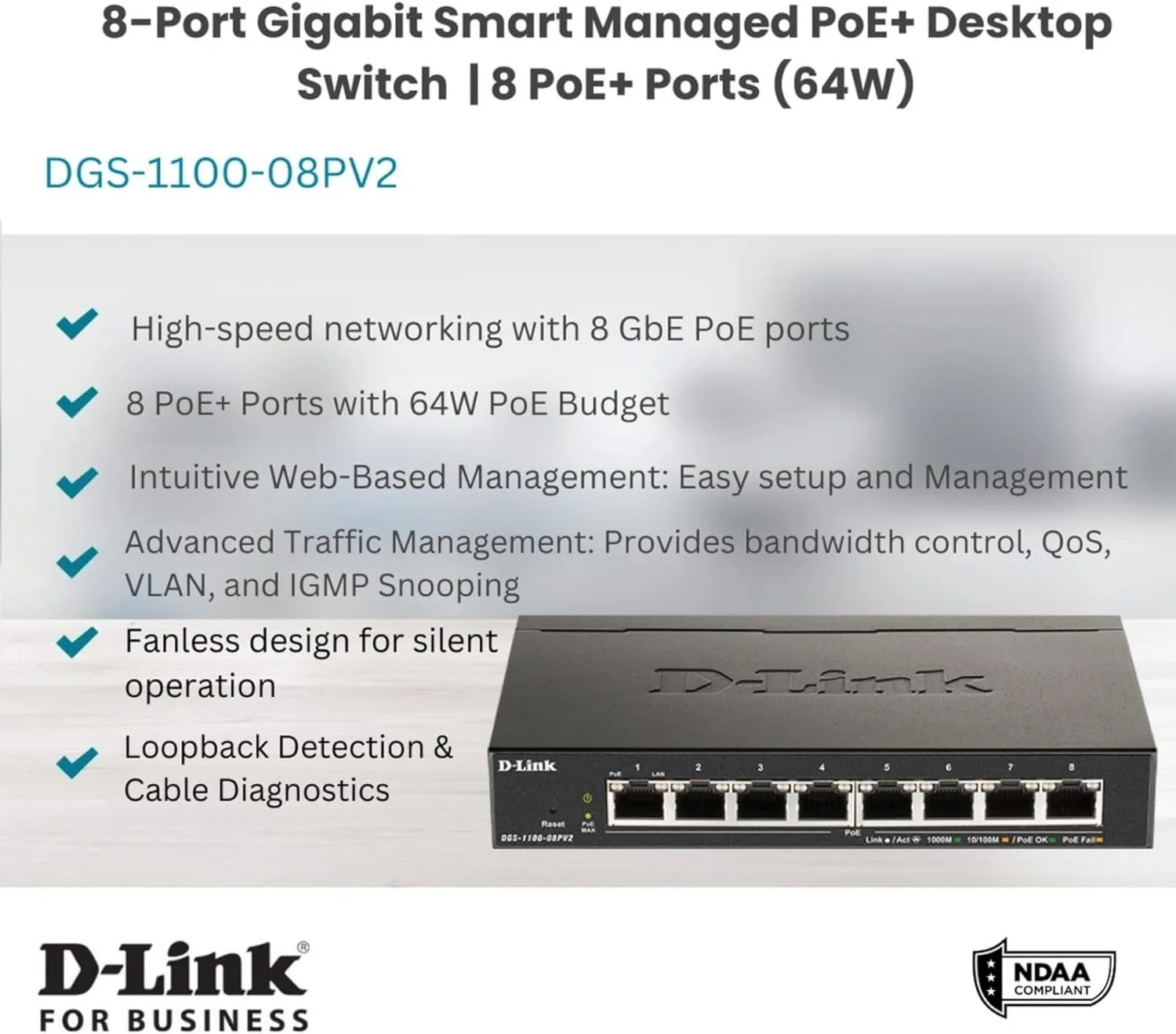 D-Link 8-Port Gigabit Smart Managed PoE+ Switch | 8 PoE+ Ports (64W) |L2| VLANs| Cable Diagnostics | Web Managed | Desktop